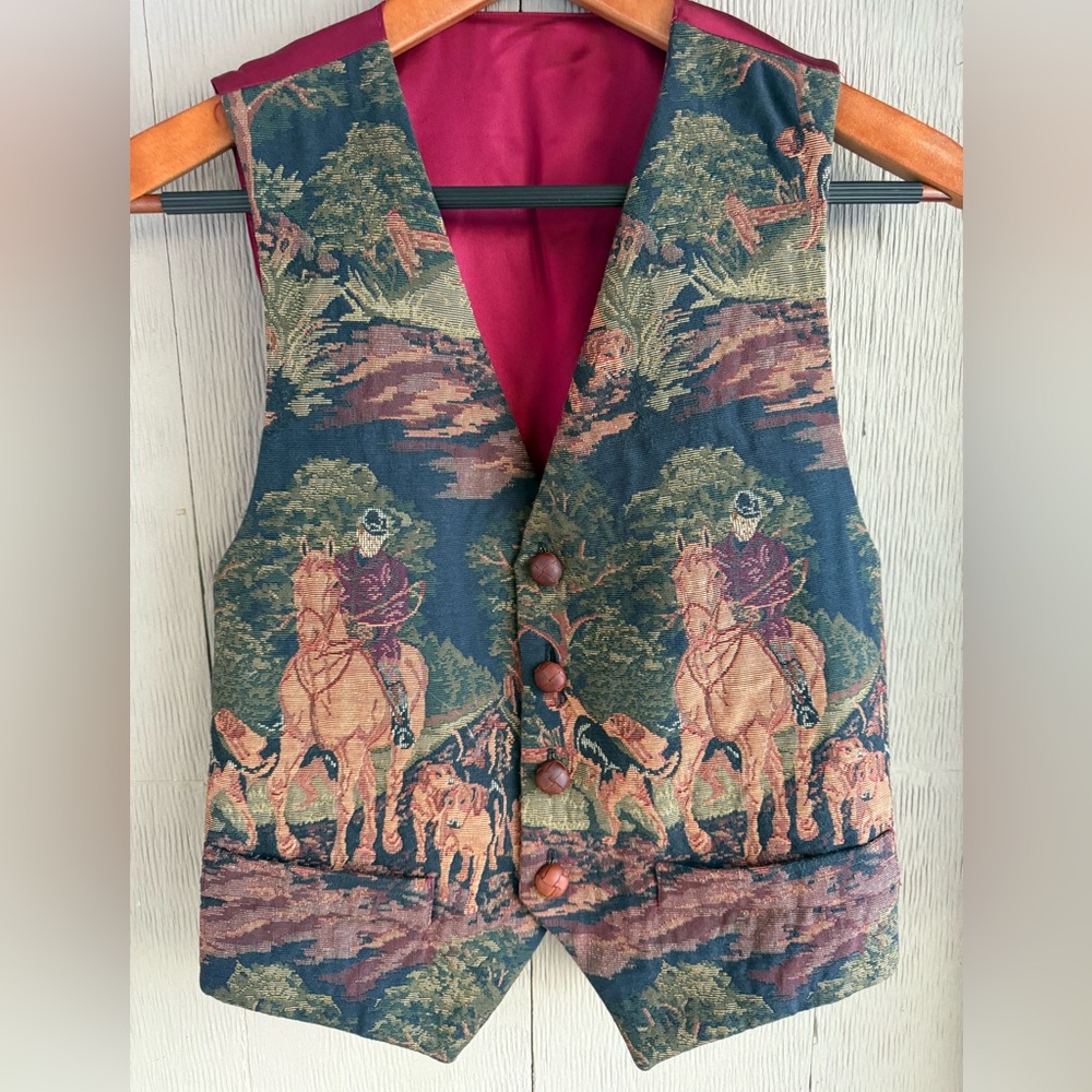 Vintage Tapestry Vest with Equestrian Foxhunt Design